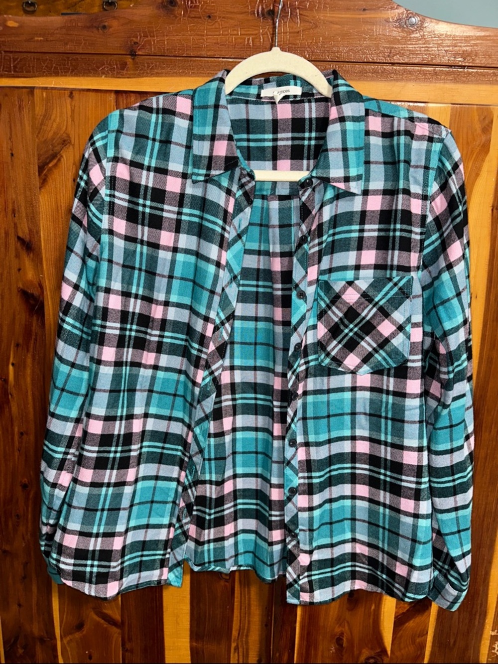 Maurices Teal Black Pink Plaid Flannel Shirt